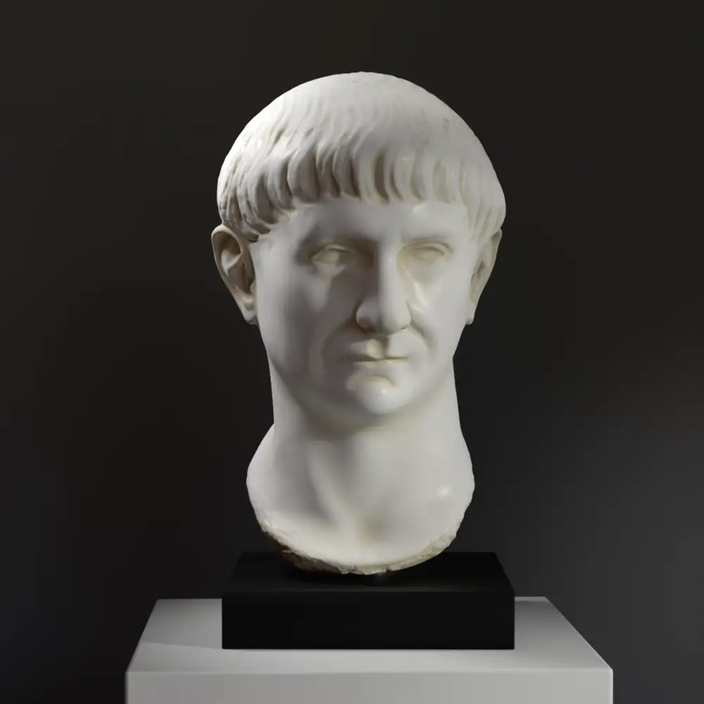 Busto dell'Imperatore Traiano in resina con finitura in marmo e bronzo.