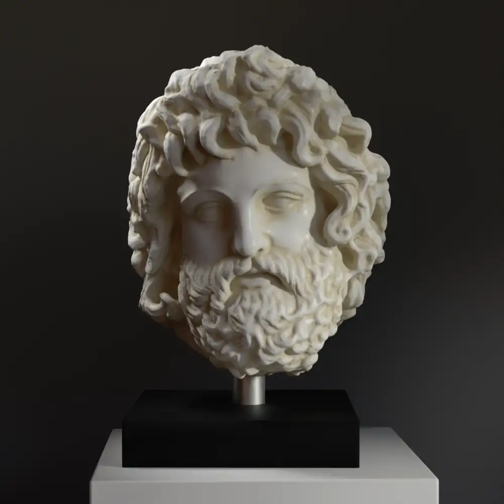 Scultura della Testa di un Dio Barbuto in resina con finitura in marmo e bronzo.