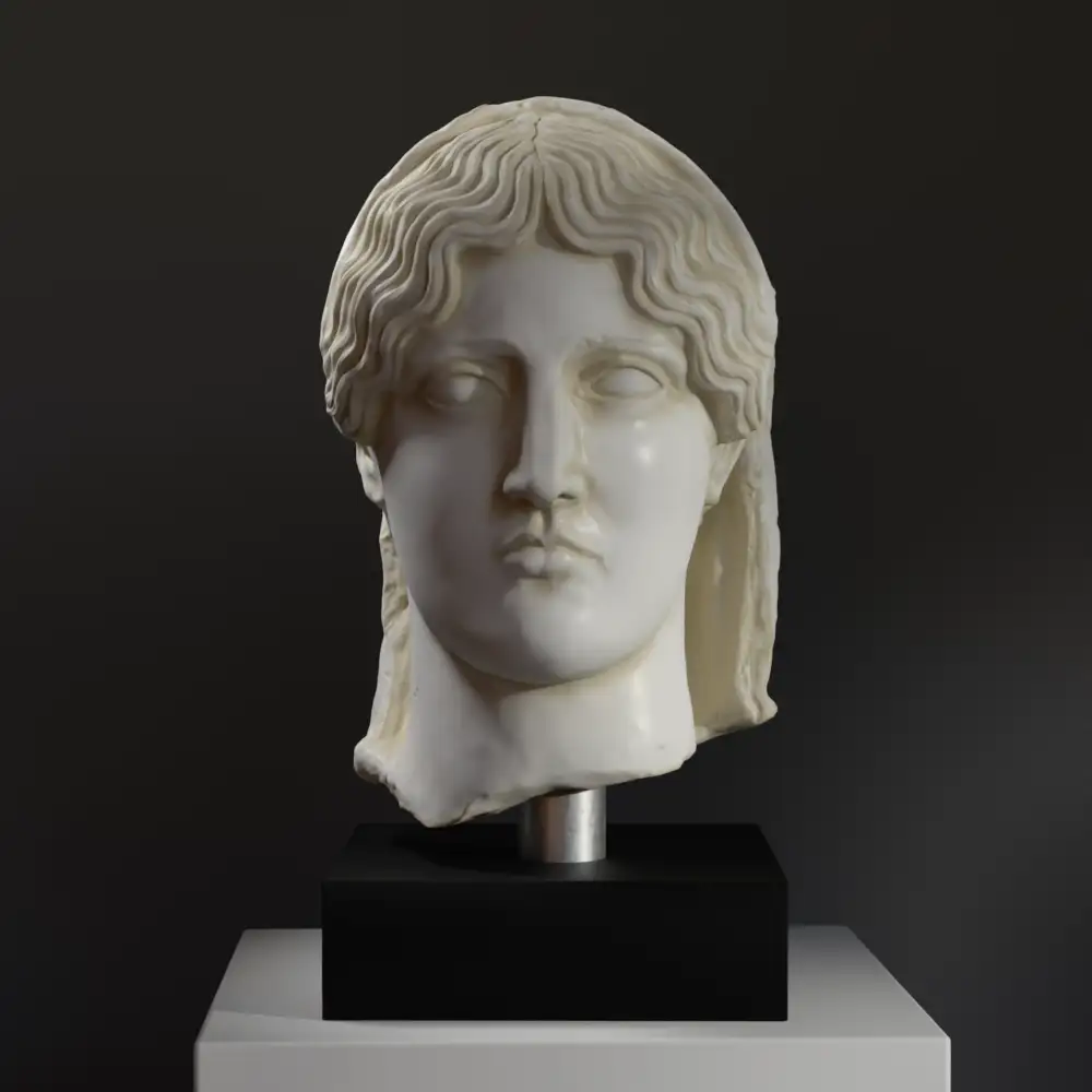 Busto della cosiddetta Aspasia in resina con finitura in marmo e bronzo.