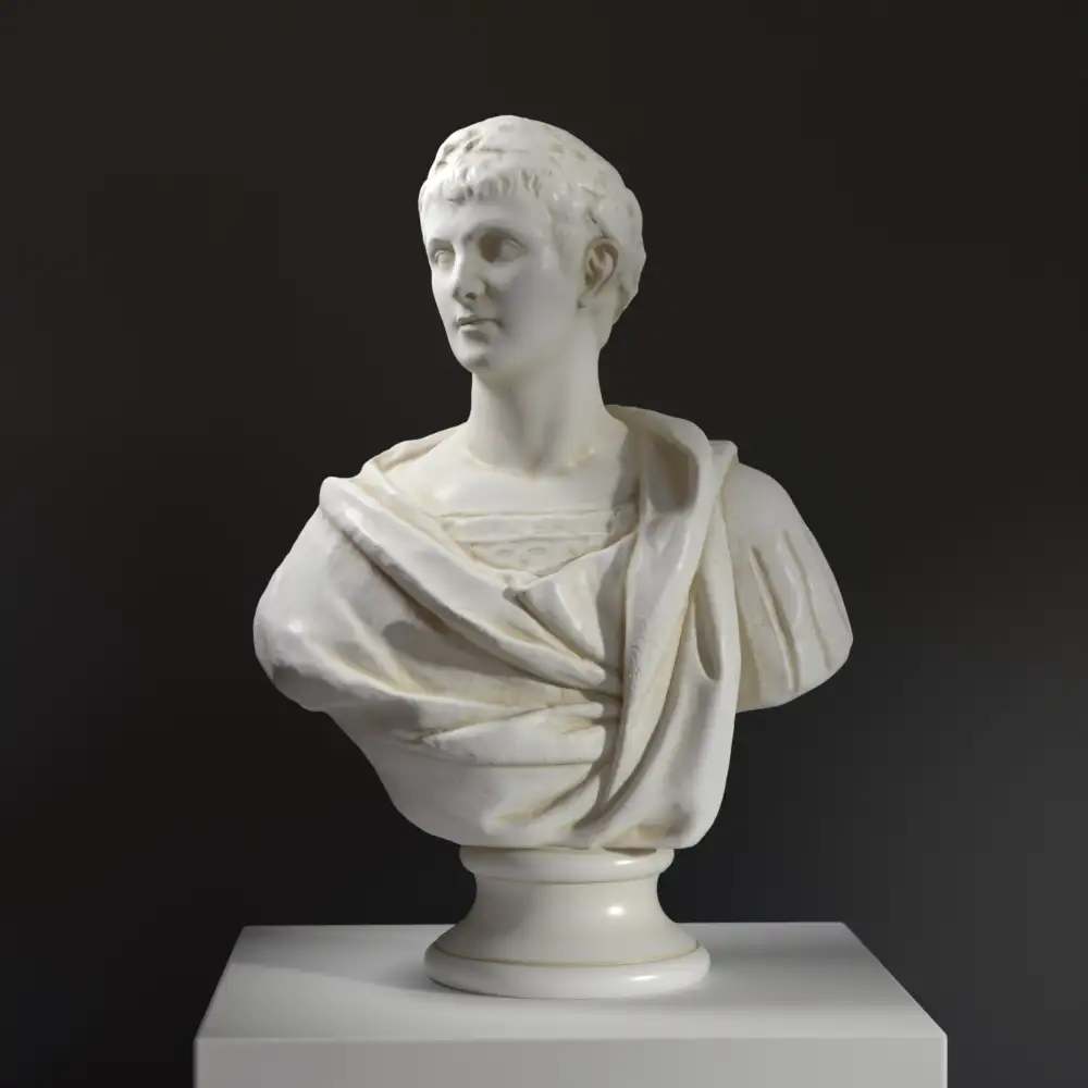 Busto dell'Imperatore Traiano in resina con effetto marmo e bronzo.