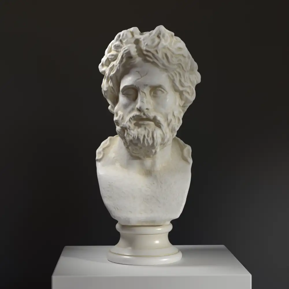 Replica del Busto di Asclepio, dio della medicina, in resina con effetto marmo e bronzo.