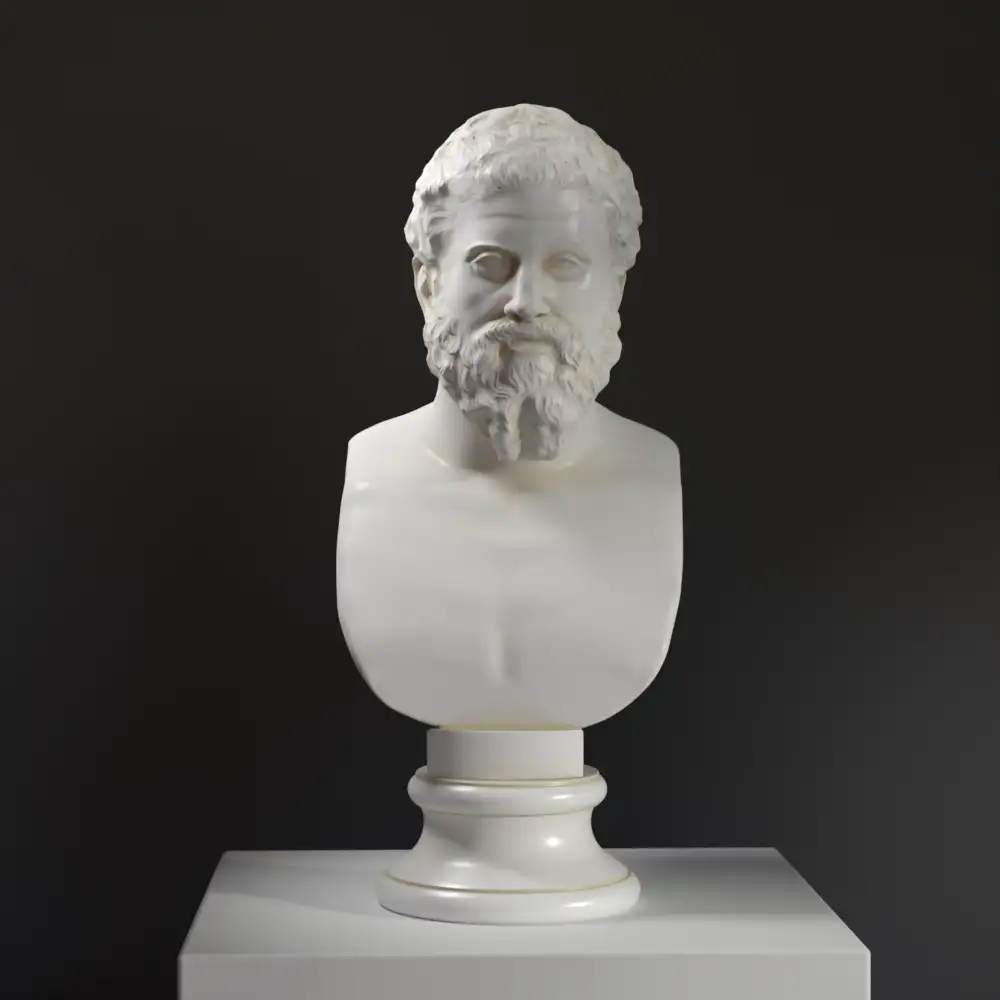 Busto di Eraclito in resina con finitura in marmo e bronzo.