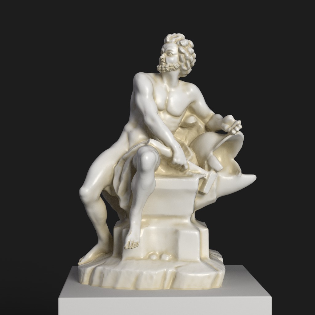 Sculptuur van Vulcanus zittend op een aambeeld met een hamer.